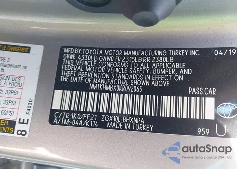 2019 Toyota C-Hr Xle z USA, uszkodzony, nr VIN NMTKHMBX0KR092065